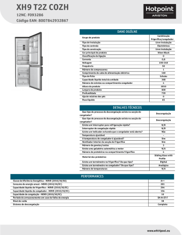 HOTPOINT/ARISTON XH9 T2Z COZH Fridge/freezer combination Product Data Sheet | Manualzz