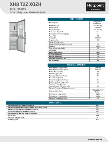 HOTPOINT/ARISTON XH8 T2Z XOZH Fridge/freezer combination Product Data Sheet | Manualzz