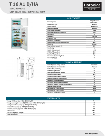 HOTPOINT/ARISTON T 16 A1 D/HA Fridge/freezer combination Product Data Sheet | Manualzz