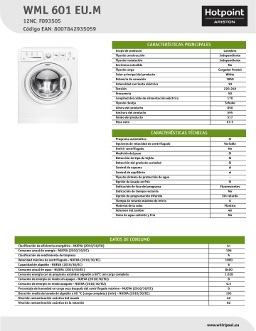 HOTPOINT/ARISTON WML 601 EU.M Washing machine Product Data Sheet | Manualzz