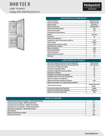 HOTPOINT/ARISTON XH8 T2I X Fridge/freezer combination Product Data Sheet | Manualzz