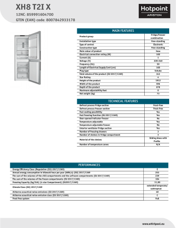 HOTPOINT/ARISTON XH8 T2I X Fridge/freezer combination NEL Data Sheet | Manualzz
