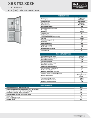 HOTPOINT/ARISTON XH8 T3Z XOZH Fridge/freezer combination Product Data Sheet | Manualzz