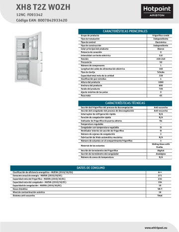 HOTPOINT/ARISTON XH8 T2Z WOZH Fridge/freezer combination Product Data Sheet | Manualzz