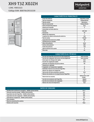HOTPOINT/ARISTON XH9 T3Z XOJZH Fridge/freezer combination Product Data Sheet | Manualzz