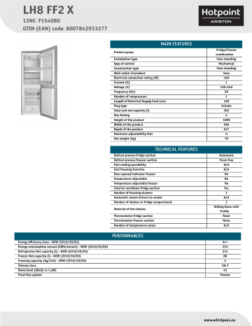 HOTPOINT/ARISTON LH8 FF2 X Fridge/freezer combination Product Data Sheet | Manualzz