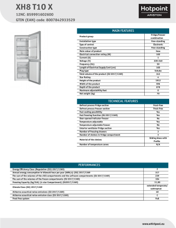HOTPOINT/ARISTON XH8 T1O X Fridge/freezer combination NEL Data Sheet | Manualzz