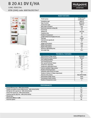 HOTPOINT/ARISTON B 20 A1 DV E/HA Fridge/freezer combination Product Data Sheet | Manualzz