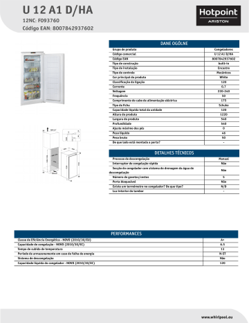 HOTPOINT/ARISTON U 12 A1 D/HA Freezer Product Data Sheet | Manualzz