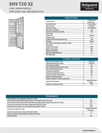 HOTPOINT/ARISTON XH9 T2O XZ Fridge/freezer combination NEL Data Sheet | Manualzz