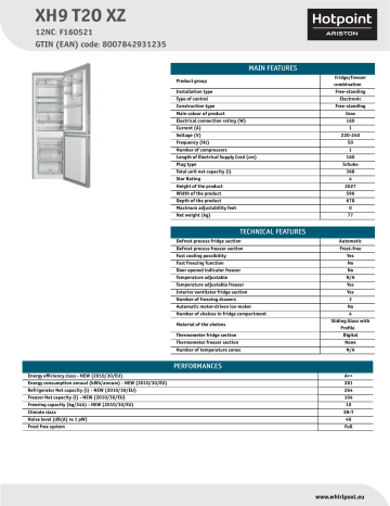 HOTPOINT/ARISTON XH9 T2O XZ Fridge/freezer combination Product Data Sheet | Manualzz