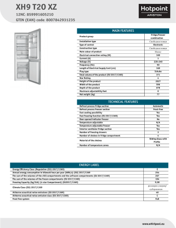 HOTPOINT/ARISTON XH9 T2O XZ Fridge/freezer combination NEL Data Sheet | Manualzz