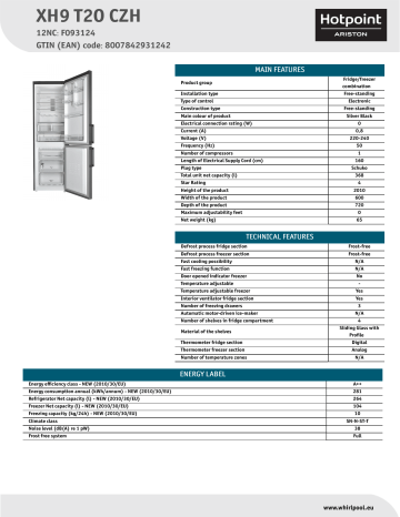 HOTPOINT/ARISTON XH9 T2O CZH Fridge/freezer combination Product Data Sheet | Manualzz