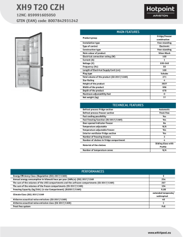 HOTPOINT/ARISTON XH9 T2O CZH Fridge/freezer combination NEL Data Sheet | Manualzz