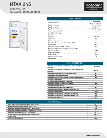 HOTPOINT/ARISTON MTAA 24S Fridge/freezer combination Product Data Sheet | Manualzz