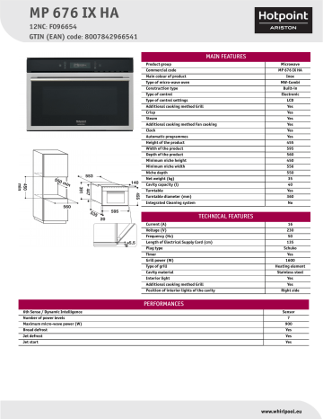 HOTPOINT/ARISTON MP 676 IX HA Microwave Product Data Sheet | Manualzz