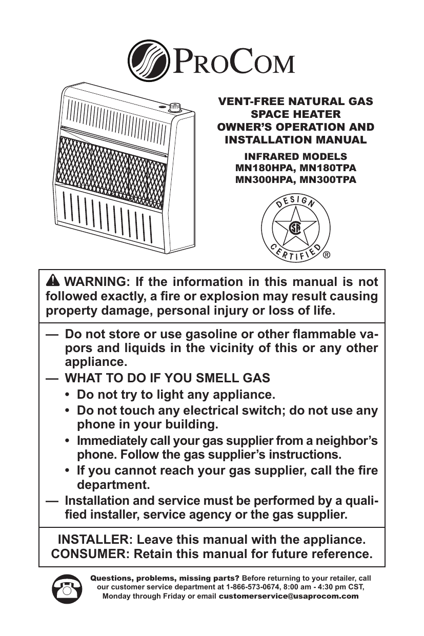 ProCom Heating MN180TPA Ventless Wall Heater Product Manual | Manualzz