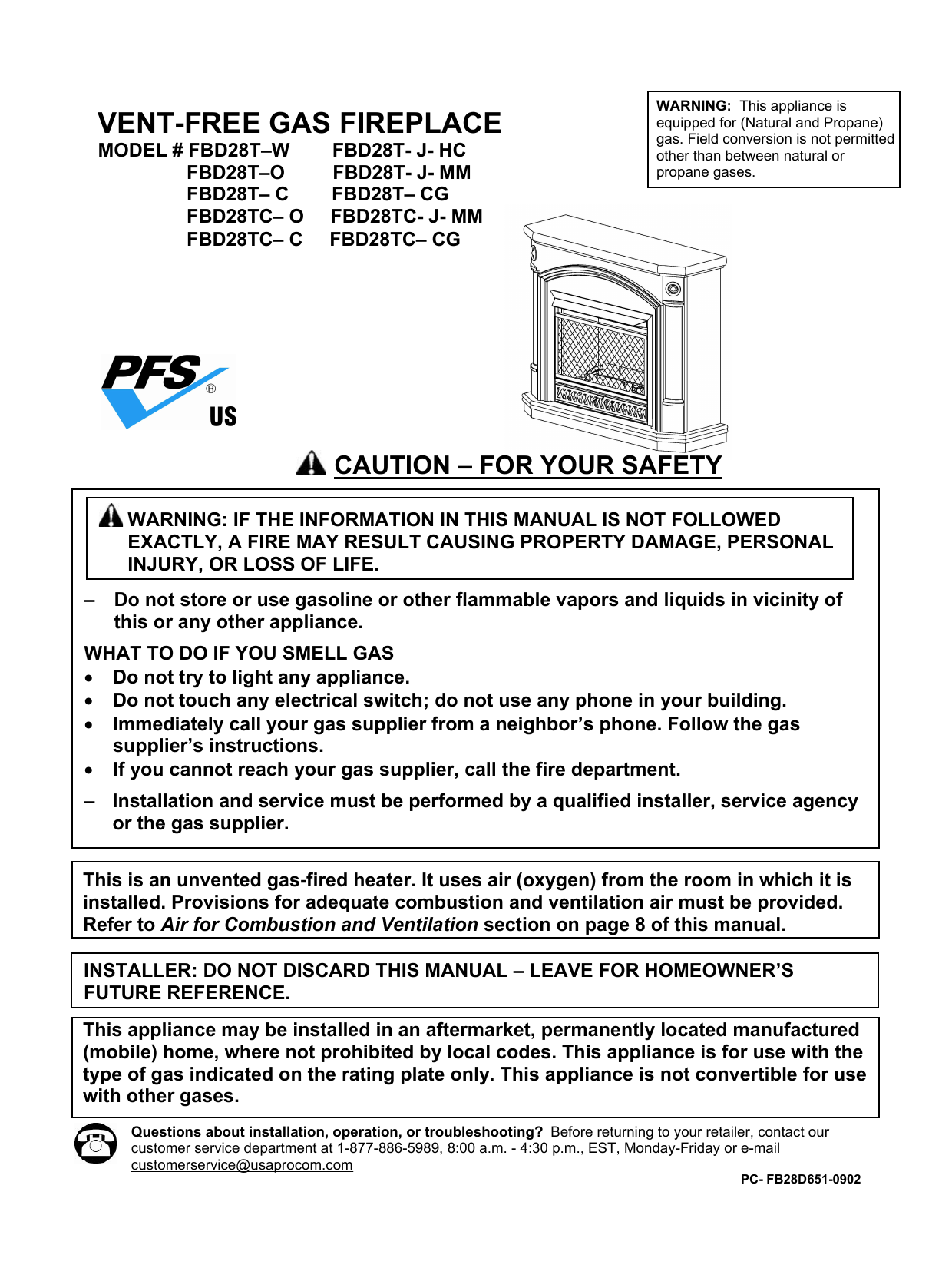 ProCom Heating FBD28T(C) Ventless Fireplace Product Manual | Manualzz