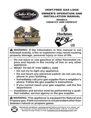 ProCom Heating CRHD18T Ventless Log Set Product Manual | Manualzz