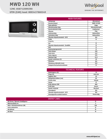 Whirlpool MWD 120 WH Microwave Product Data Sheet | Manualzz
