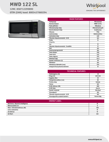 Whirlpool MWD 122 SL Microwave Product Data Sheet | Manualzz