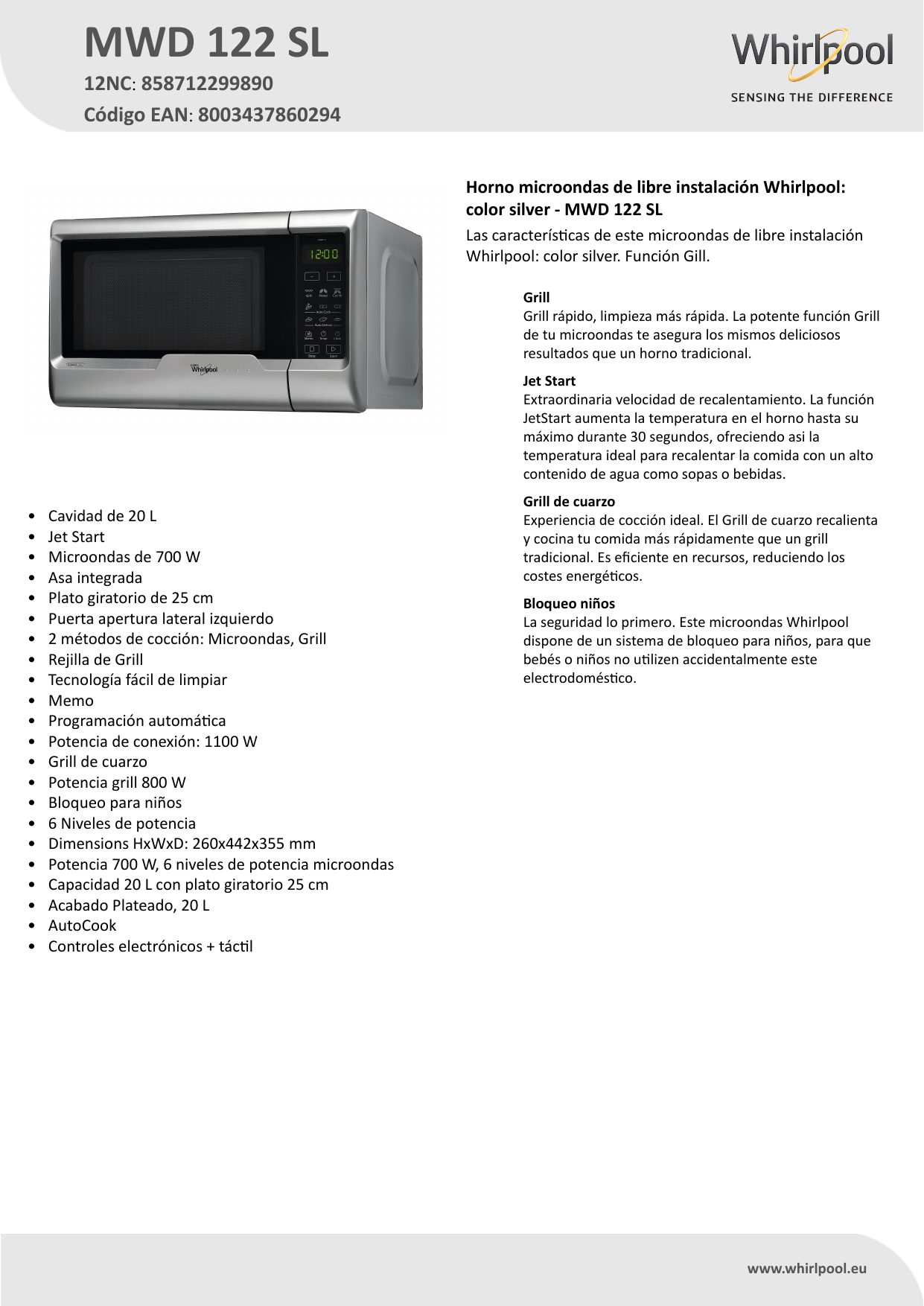 Whirlpool MWD 122 SL Microwave Product Data Sheet | Manualzz