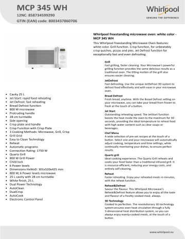 Whirlpool MCP 345 WH Microwave Product Data Sheet | Manualzz