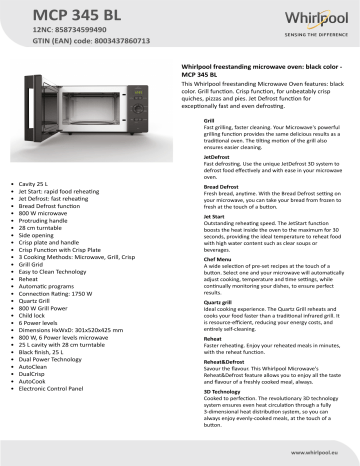 Whirlpool MCP 345 BL Microwave Product Data Sheet | Manualzz