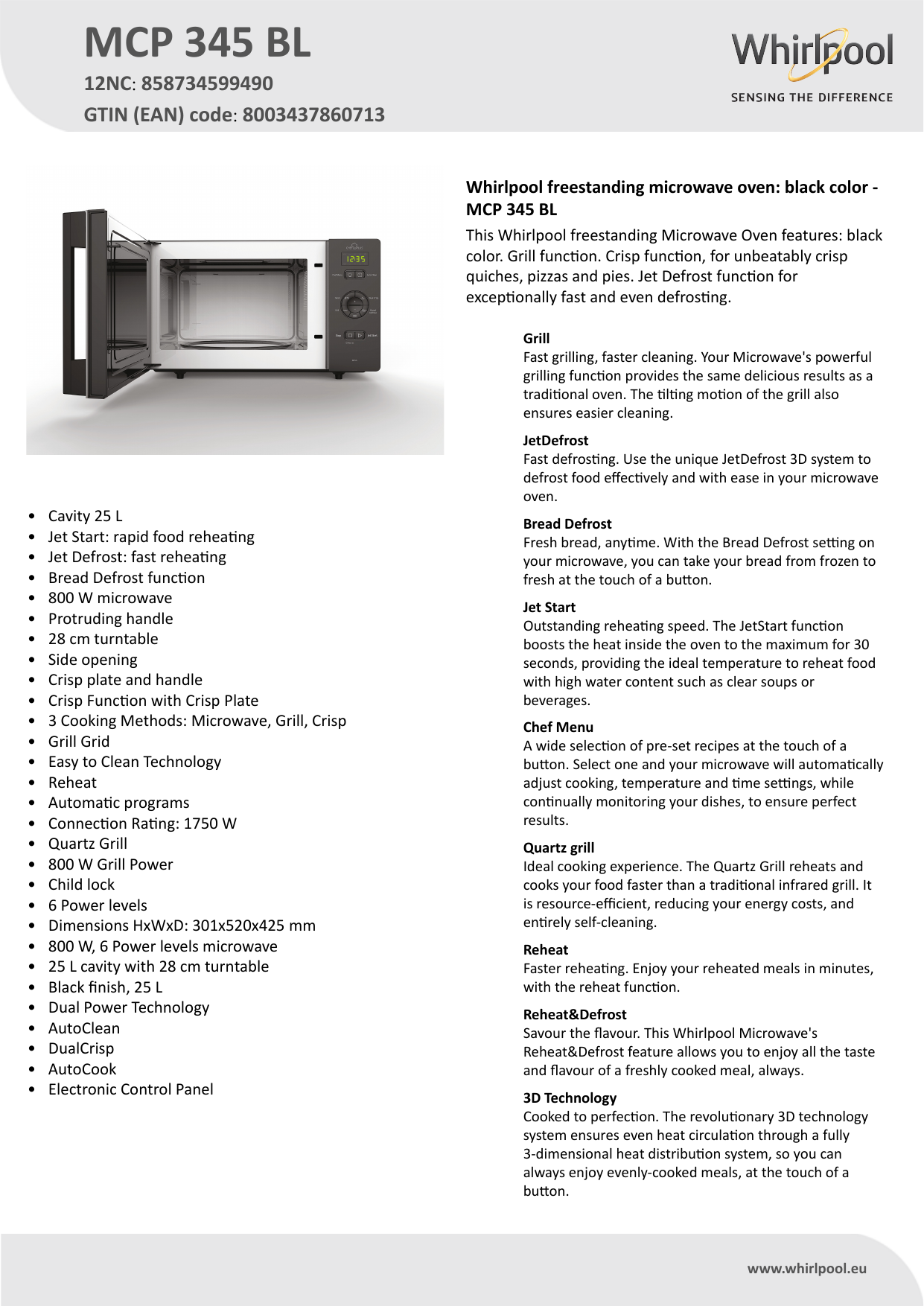 Whirlpool MCP 345 BL Microwave Product Data Sheet | Manualzz