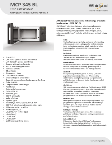Whirlpool MCP 345 BL Microwave Product Data Sheet | Manualzz