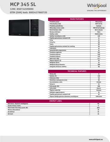 Whirlpool MCP 345 SL Microwave Product Data Sheet | Manualzz