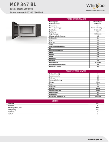 Whirlpool MCP 347 BL Microwave Product Data Sheet | Manualzz