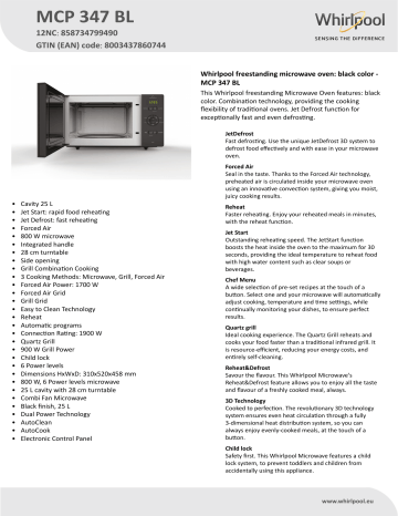 Whirlpool MCP 347 BL Microwave Product Data Sheet | Manualzz