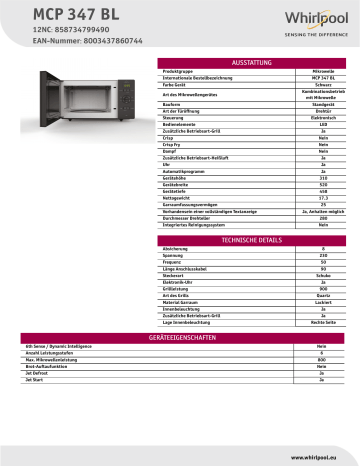 Whirlpool MCP 347 BL Microwave Product Data Sheet | Manualzz