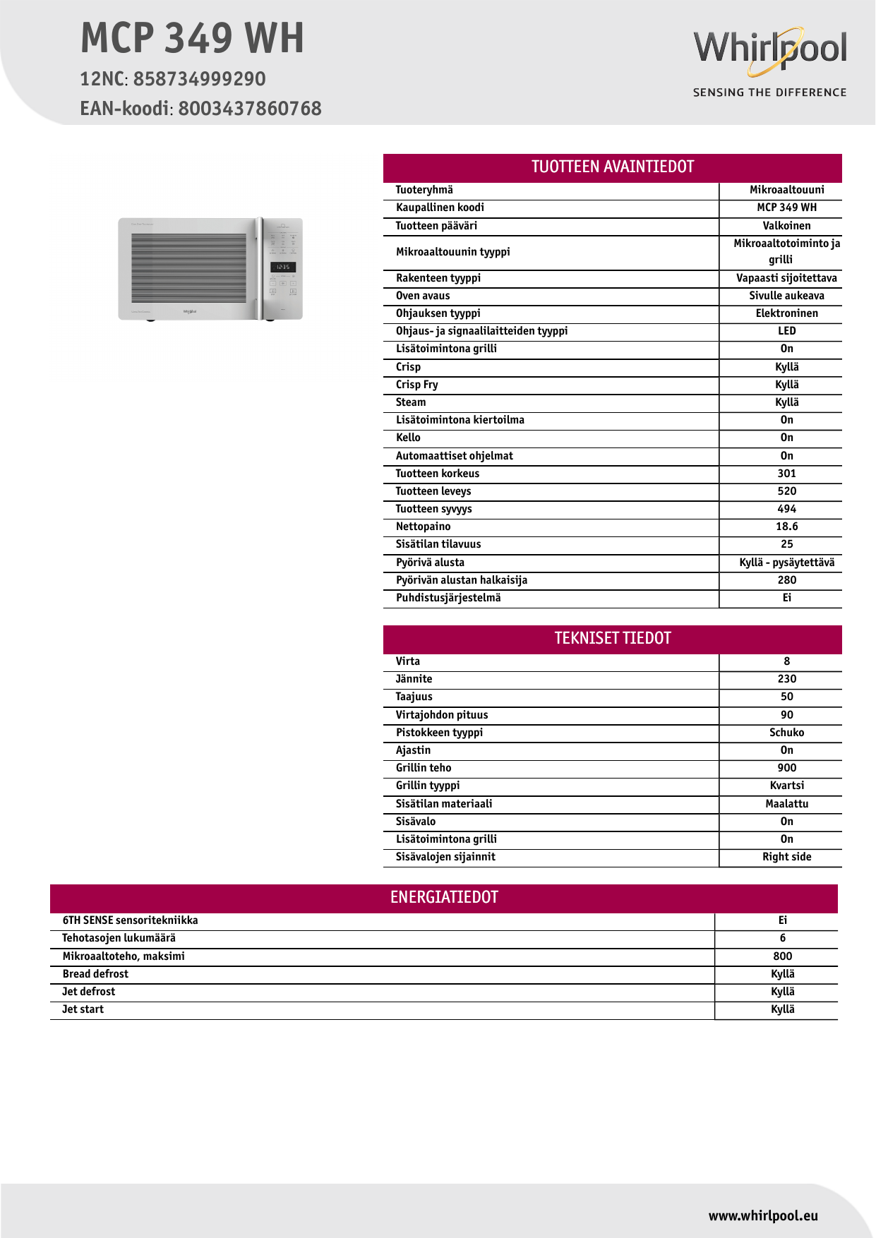 Whirlpool MCP 349 WH Microwave Product Data Sheet | Manualzz