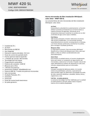 Whirlpool MWF 420 SL Microwave Product Data Sheet | Manualzz