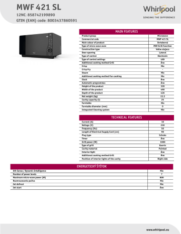 Whirlpool MWF 421 SL Microwave Product Data Sheet | Manualzz