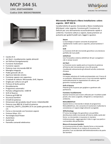 Whirlpool MCP 344 SL Microwave Product Data Sheet | Manualzz