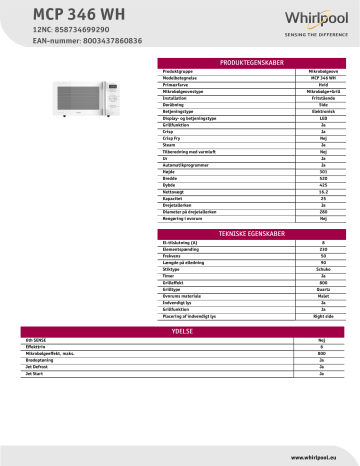 Whirlpool MCP 346 WH Microwave Product Data Sheet | Manualzz