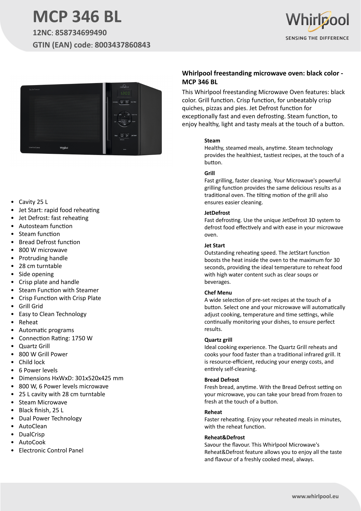 Whirlpool MCP 346 BL Microwave Product Data Sheet | Manualzz