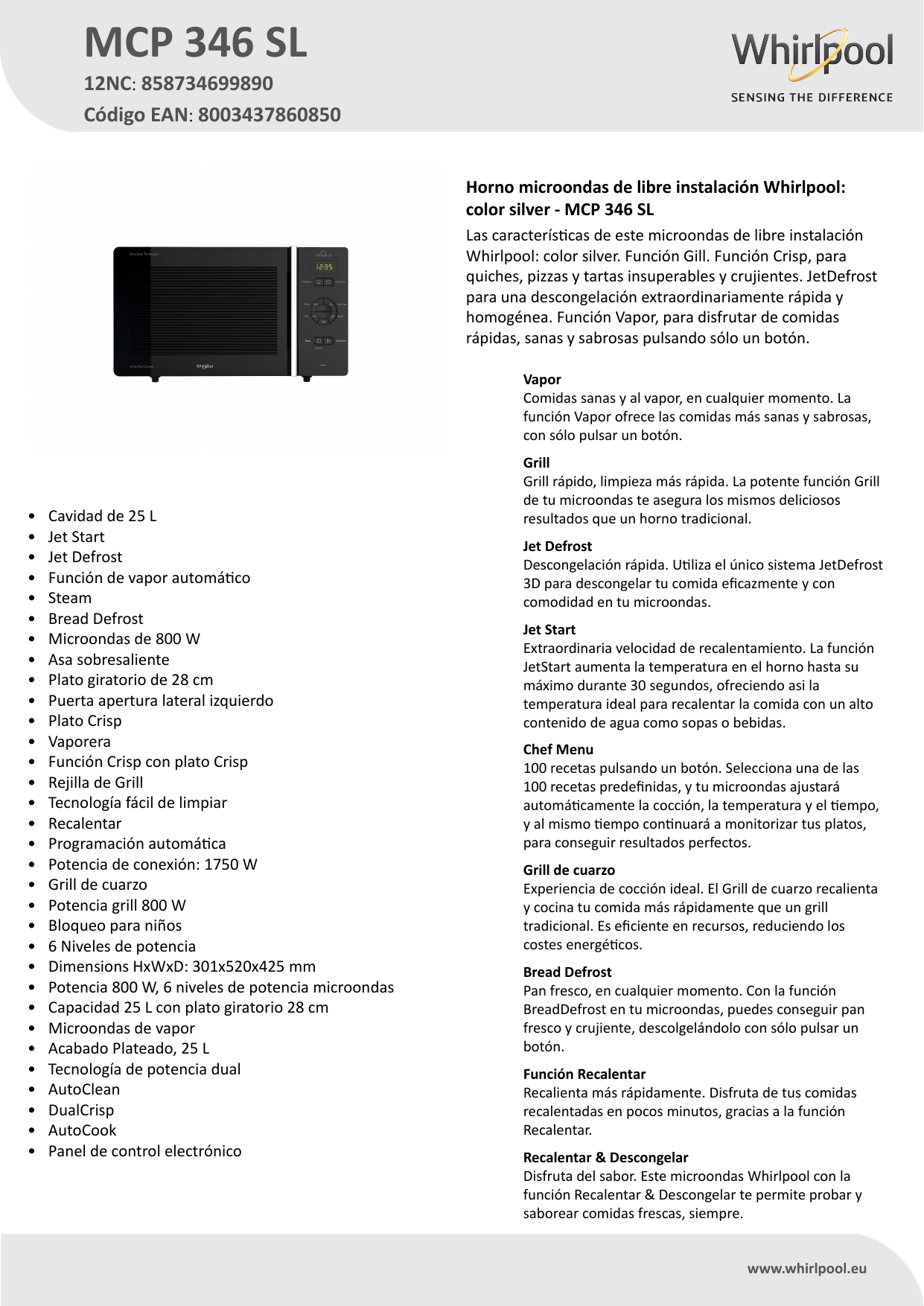 Whirlpool MCP 346 SL Microwave Product Data Sheet | Manualzz