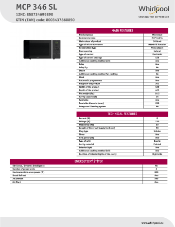 Whirlpool MCP 346 SL Microwave Product Data Sheet | Manualzz