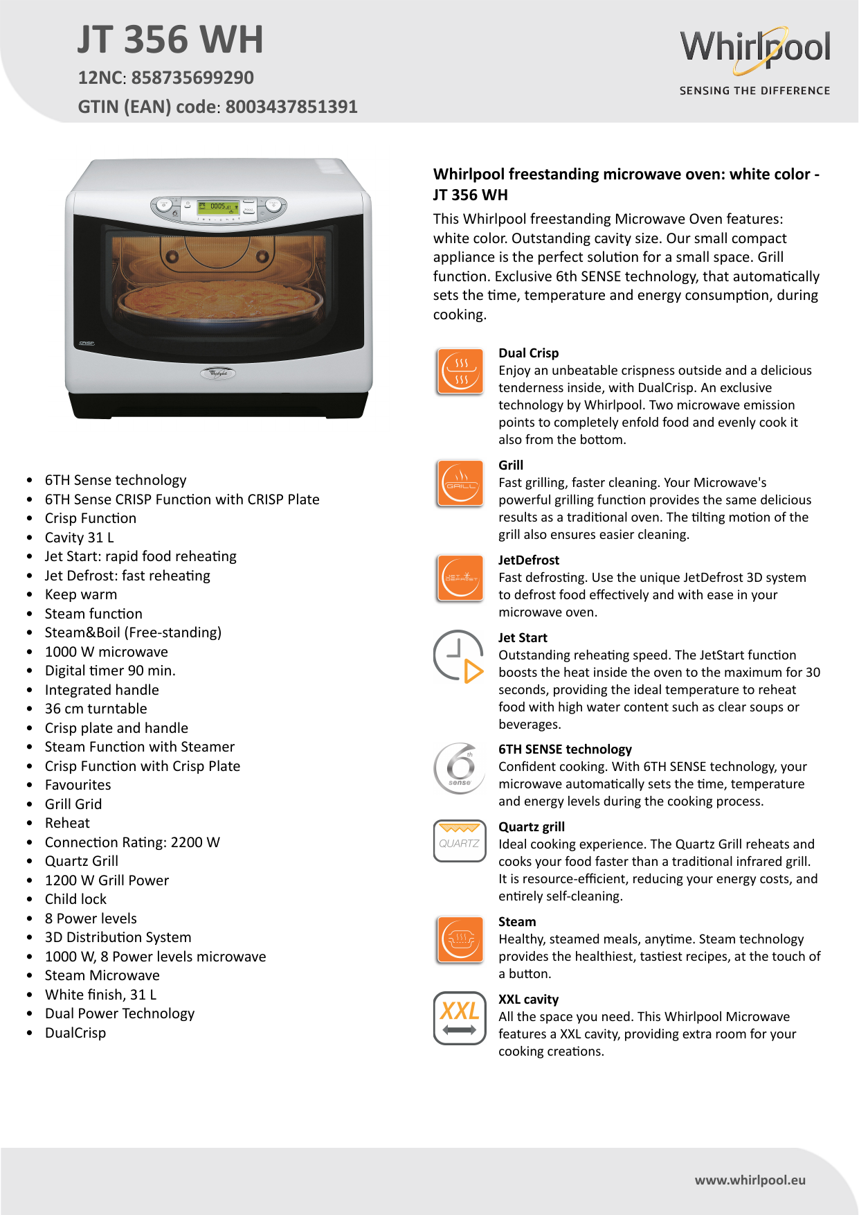 Whirlpool JT 356 WH Microwave Product Data Sheet | Manualzz