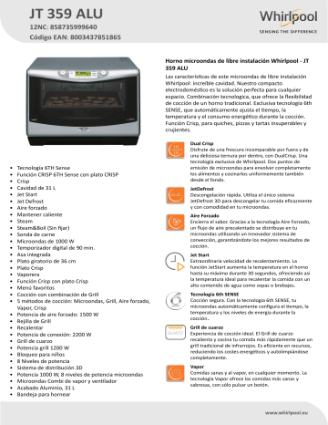 Whirlpool JT 359 ALU Microwave Product Data Sheet | Manualzz
