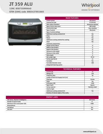 Whirlpool JT 359 ALU Microwave Product Data Sheet | Manualzz