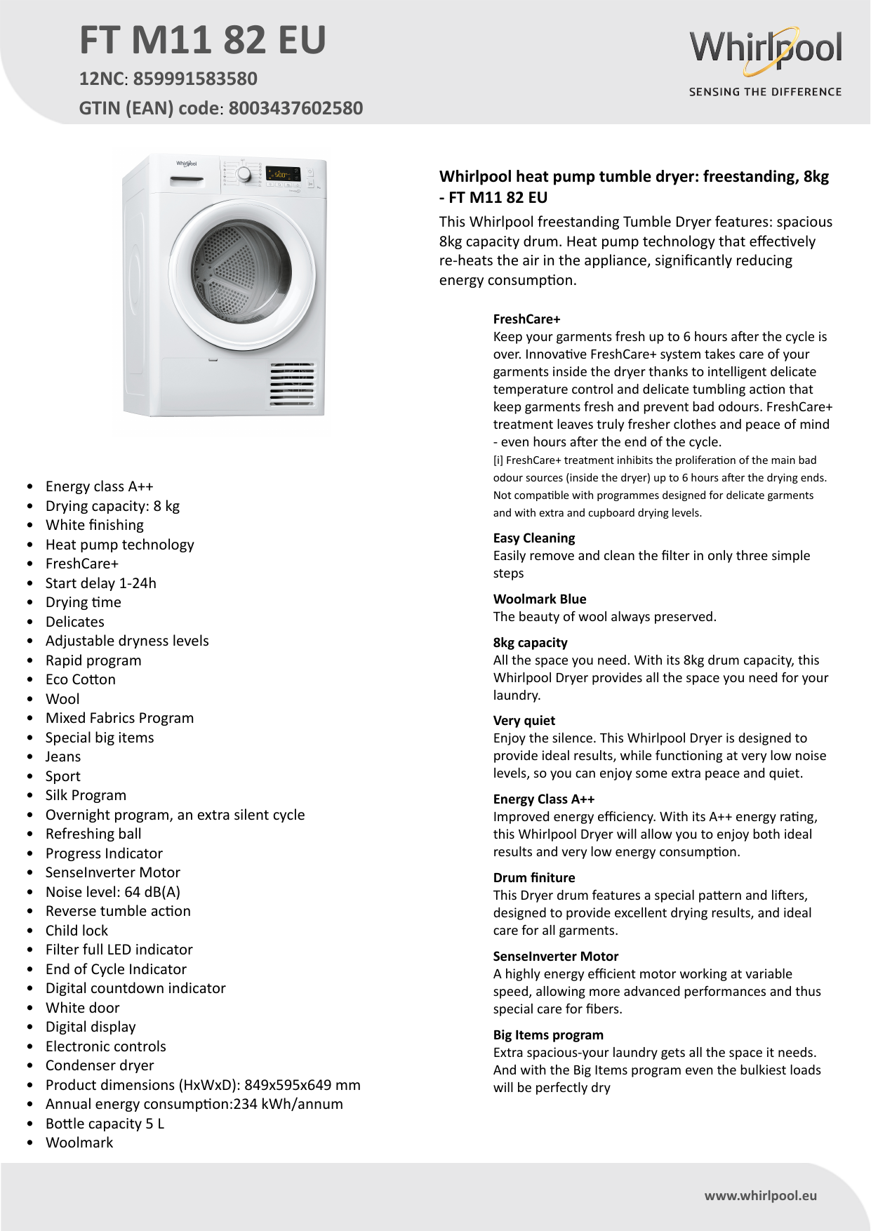 Whirlpool FT M11 82 EU Dryer Product Data Sheet | Manualzz