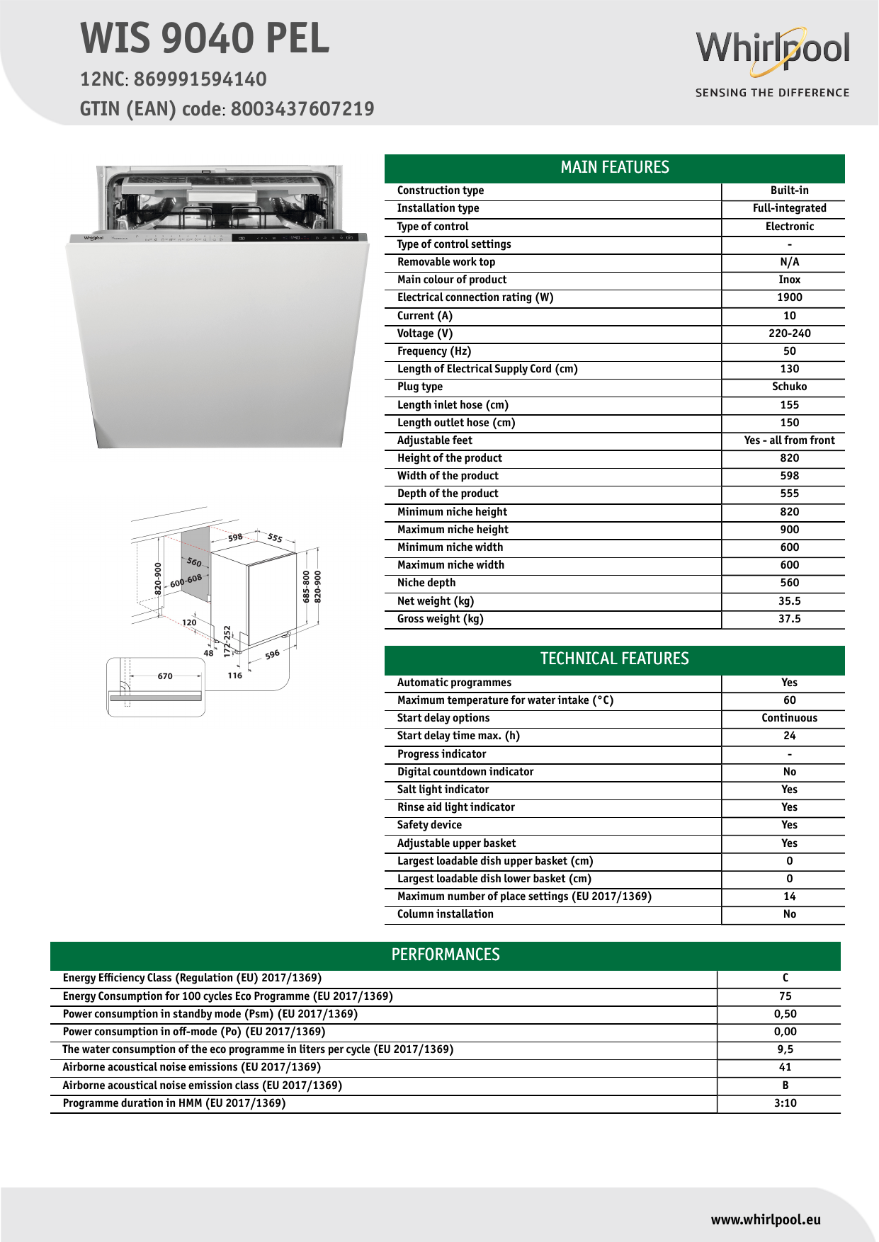 Whirlpool WIS 9040 PEL Dishwasher NEL Data Sheet | Manualzz