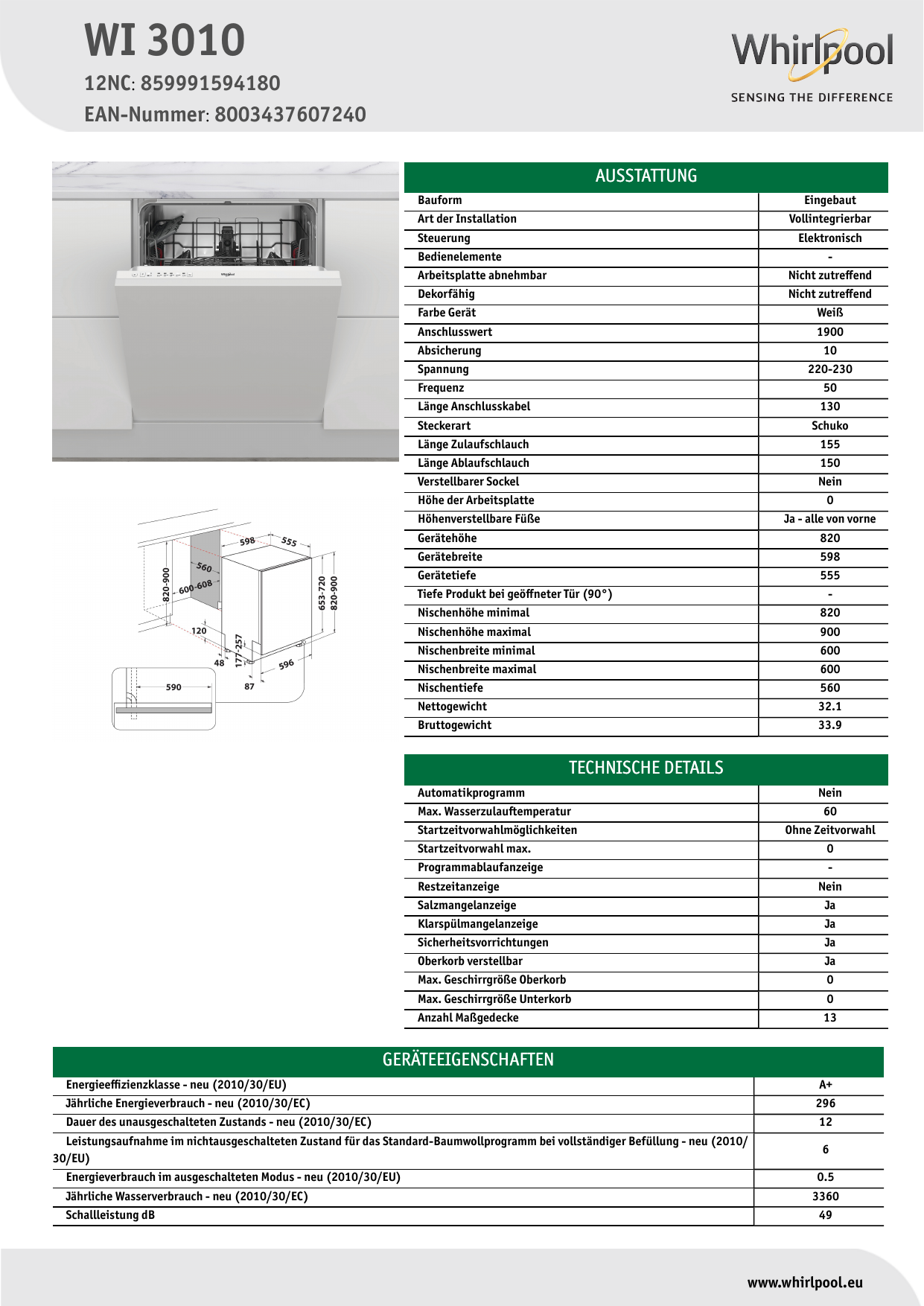 Whirlpool WI 3010 Dishwasher Product Data Sheet | Manualzz