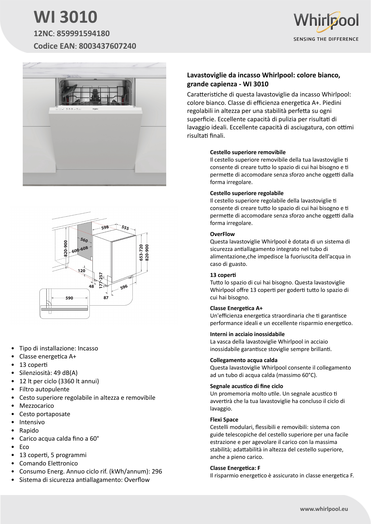 Whirlpool WI 3010 Dishwasher Product Data Sheet | Manualzz