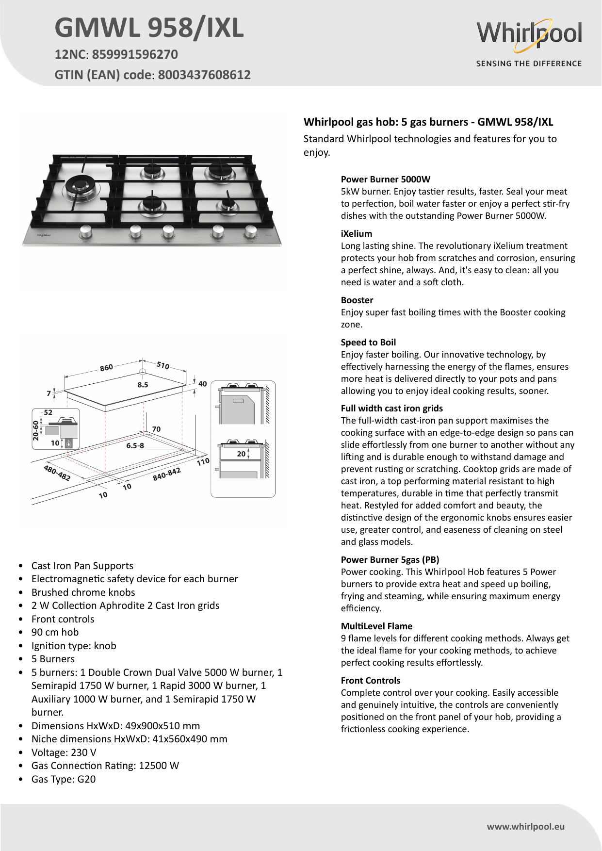 Whirlpool GMWL 958/IXL Hob Product Data Sheet